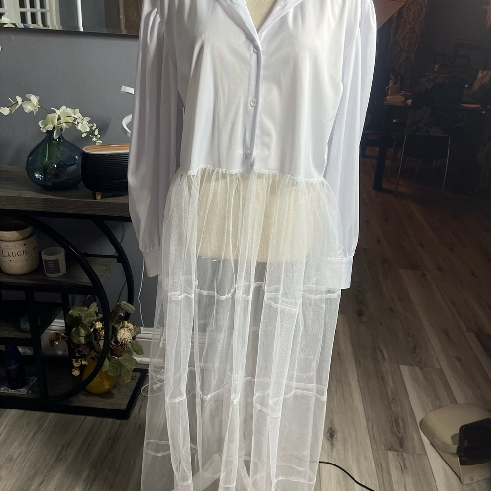 Elegant White Sheer Half Overlay Dress NWOT Fairycore Whimsigoth Ethereal - Picture 2 of 8